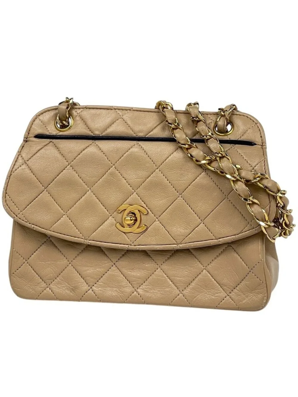 Chanel CC Logo Chain Shoulder Bag Quilted Leather Beige